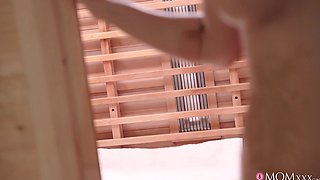 Big Natural Tits Get Hot And Sweaty - Lady Gang eating curvy mom cunt of Crystal Swift in sauna