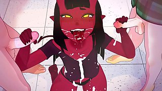 3d animated cartoon of a sexy devil girl fucking with threed nerdy dicks