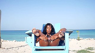 Ebony Latin Girl, Oil Skin And Public Orgasm On The Beach