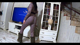 Tight Jumpsuit, Furry Boots & Messy Deepthroat with a Cum-licking Finish