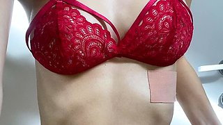 Busty curly brunette with big boobs fucks on couch