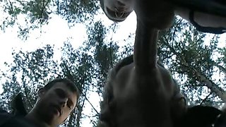 Titted blonde couple fucked in the woods