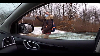 Teen Girl in Plaid Skirt Gets a Ride to School From a Stranger on a Snowy Day