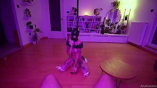 Rough BDSM: Stripper AnaKatana Lap Dance & Throatjob in Latex Hood Bondage