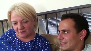 Blonde old granny gives head and rides him