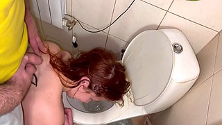 Flashing head in toilet, piss on hair and facefuck with cum in throat