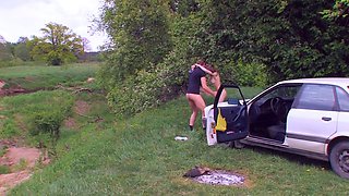 Busty curly brunette with big boobs fucks on couch