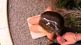 Blonde is flashing her big boobs in the outdoors