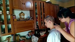 SchoolPrincess Unhappy Haircut Blowjob - Big Natural Tits MILF Sucks Huge Cock At Home