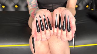 Black Long Nails, Sharp Stilettos, Long Fingers Sucking and Hands Worship, Palms Wide
