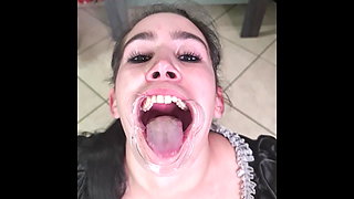 French maid tries to swallow her own piss through lip retractor