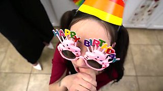 Stepmom and stepaunt gives the most amazing birthday blowjob to stepson