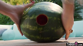 Two shemales fuck teen in BBQ threesome