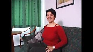 Chubby hairy brunette rubs her wet cunt during casting