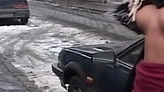 Snowy Exhibitionist Flashes Pussy and Ass in Public