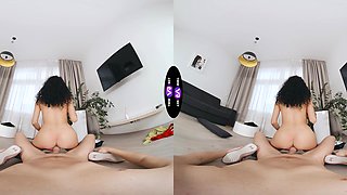 A sexy walk of a brunette teen with long hair in a mini dress