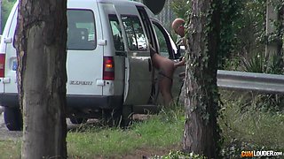 Roadside whore Livia Teen gives a blowjob and gets fucked in public
