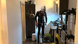 Bound beauty captivates with daring kitchen passion in thrilling intimate play