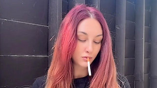 Smoking Outdoor Along Hair Fetish and Boobs Flash
