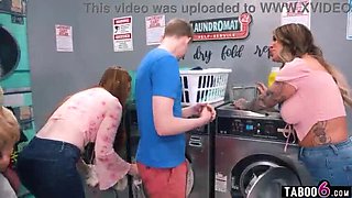 Young Man Reverse Gang-Banged by Attractive MILFs in Laundry Room