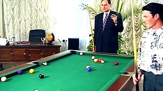 Brunette in Red Dress Fucked on Desk and Pool Table