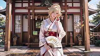 Kneeling under the Torii gate in a beige modified kimono, she touches her chest and traces her collarbon
