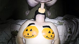 Pumpkin tits wife face fucked in pussy mask Happy Halloween