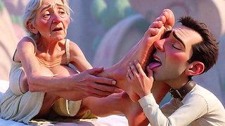 Giantess Old Granny Foot Slave Worship - Tiny Man Licking Her Giant Feet