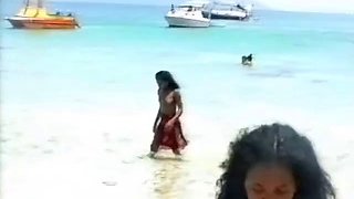 Sexy French ebony gets her tits sprayed on the beach