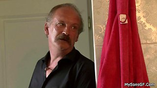 Horny old granpa licks and fucks her young pussy