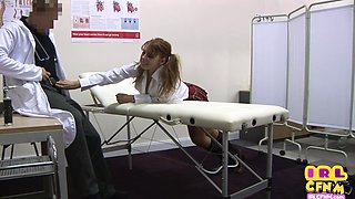 CFNM 21yo college whore nailed in threesome sex by perv doctors
