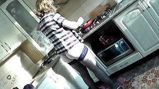 Milf naked sexy wife bitch in stockings without panties and bra in kitchen cooks cutlets for her husband after her neighbor lover fucked her in wet pussy. Hairy pussy. Natural tits. Arse. Arse. Boobs. Frina