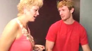 Sexy mom gives a sloppy bj on young guy Joey in the laundry