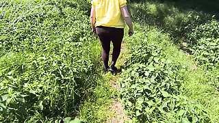 Breasts torment in front of the tree