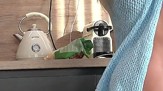 Hottest One of the Most Beautiful Wives Ever Petite Blonde in the Kitchen Goes No Panties Shows Tight Shaved Pussy and Naked Ass