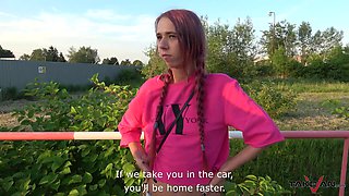 Pink haired MILF with pigtails Paris rides a hard cock in a car