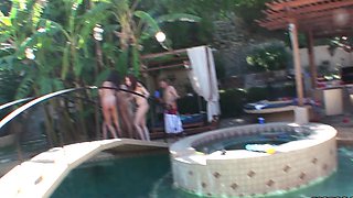 Hot bitches that love cock have a party by the pool outdoors