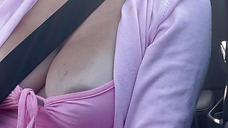 Sexy Car Ride with horny Big Tits Milf Artemisia Love Flashing her big juicy boobs for you Horny AF
