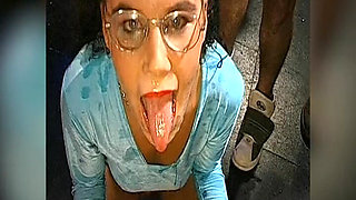 Bukkake Slut with Glasses Gets Her Face Drenched in Cum