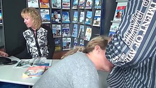 Horny German Threesome Blowjob at Travel Agency with Big Natural Tits