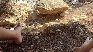 Girl Pissing Outdoors Multiple Times: Desperate Hike With Full Bladder To A Public Beach Peeing Everywhere