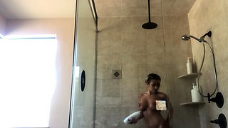 Amateur busty brunette masturbates and does hand job