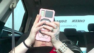 Horny Slut Watching Porn Using Dildo in Car While Driving Down the Road