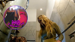 Hot New Sexy Blonde Wife changes panties in the Bathroom