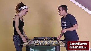 Brunette Teen Loses Strip Foosball Game, Gets Massive Spanking Treat
