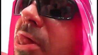 Two slutty slaves in latex sucks a hard big cock