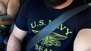 Traffic Blowjob: Exhibitionist Brunette Shows Her Tits and Sucks It All in the Car