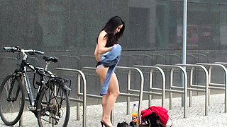 Brunettes public flashing and blowjob