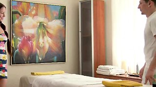 Pretty brunette eagerly serves her masseur