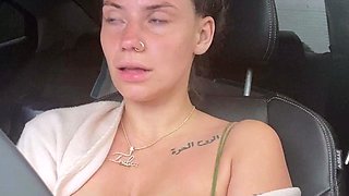 Busty curly brunette with big boobs fucks on couch